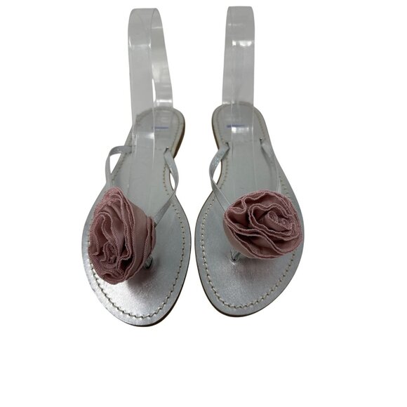 J. Crew Silver Strappy Flat Sandals With Pink Fabric Rose Womens Size 8 - Picture 5 of 12
